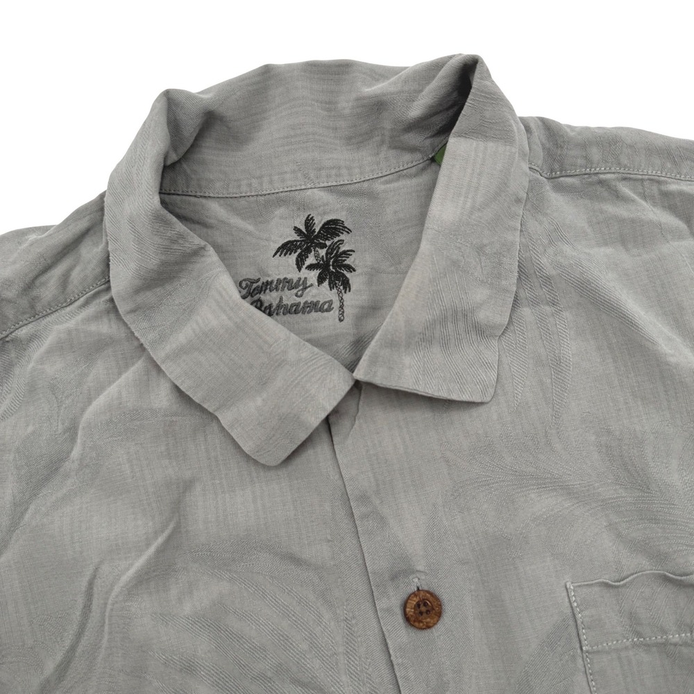 Tommy Bahama Shirt Men's XL Gray 100%‎ Silk Jacquard Palm Leaf Short Sleeve Camp